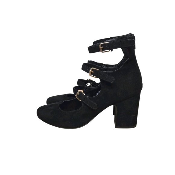 Womens 8.5 Black Faux Suede 3 Strap Mary Jane Pump Heels Round Toe Preppy - Picture 4 of 9